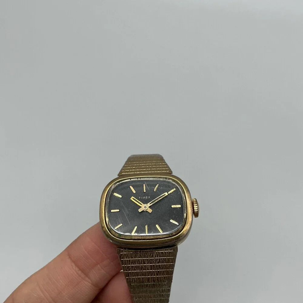 Vintage Timex Womens Watch 25mm Black Dial Gold Tone Mesh Band Manual Wind
